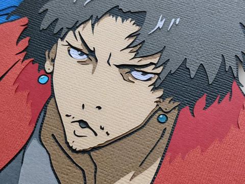 photo of cut paper art featuring Mugen from the anime Samurai Champloo