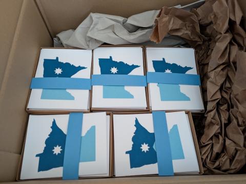 cardboard box with sets of Minnesota flag cards