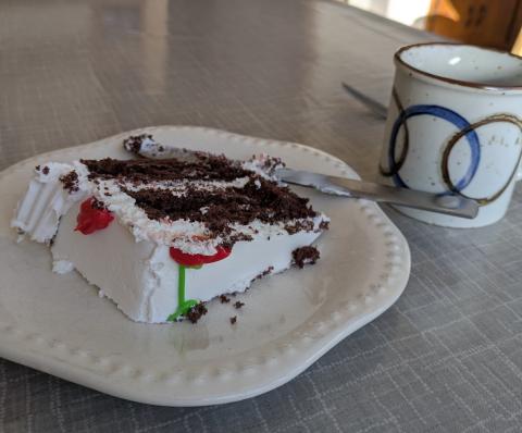 slice of frosted chocolate cake on a plate next to a mug